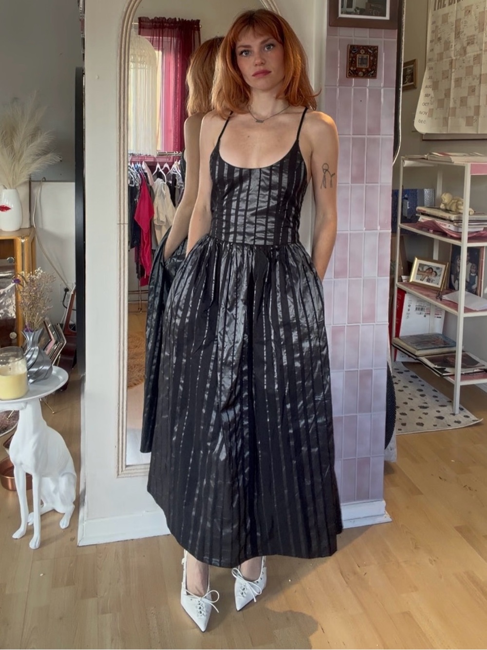 Montreal Small-designer Black Striped Satin A-Line Slip Dress